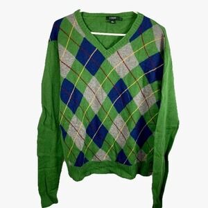 J. Crew Argyle V-Neck Sweater Green 100% Lambswool Men L Classic Preppy Academia